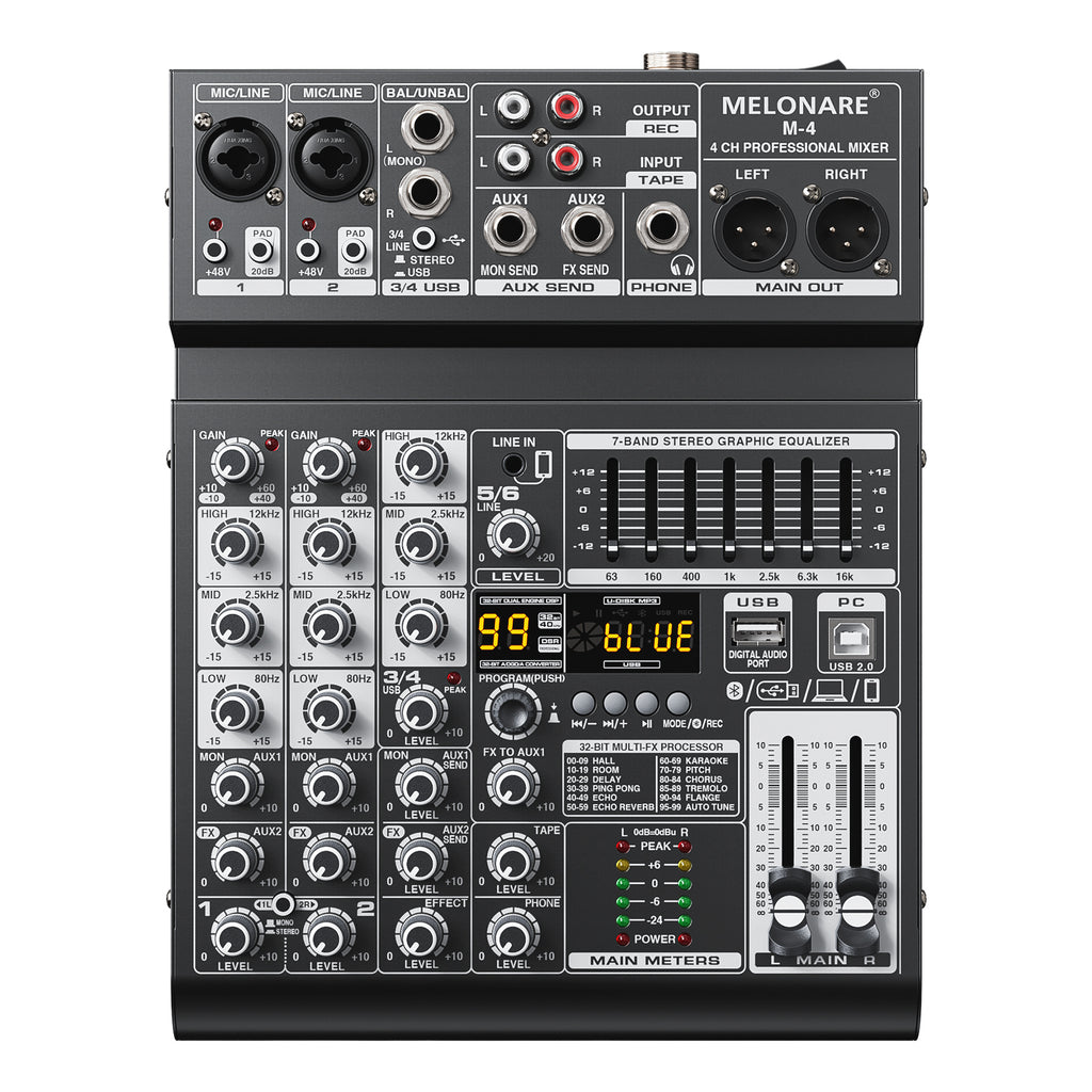 Melonare 4-Channel Audio Mixer with USB, Bluetooth, 99 DSP Effects, +48V Phantom Power for Small Bands, Musicians & Streamers