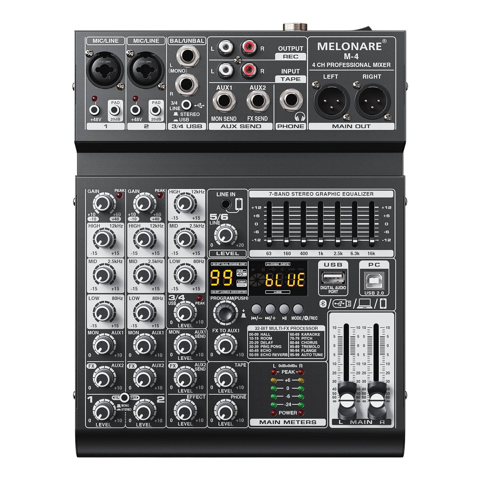 Melonare 4-Channel Audio Mixer with USB, Bluetooth, 99 DSP Effects, +48V Phantom Power for Small Bands, Musicians & Streamers