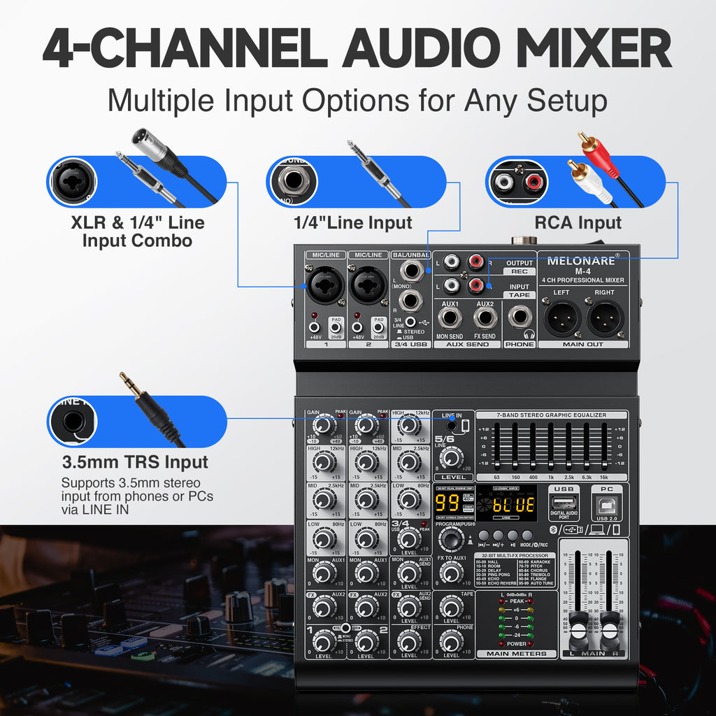 Melonare 4-Channel Audio Mixer with USB, Bluetooth, 99 DSP Effects, +48V Phantom Power for Small Bands, Musicians & Streamers