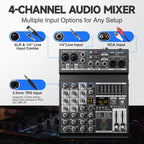 Melonare 4-Channel Audio Mixer with USB, Bluetooth, 99 DSP Effects, +48V Phantom Power for Small Bands, Musicians & Streamers