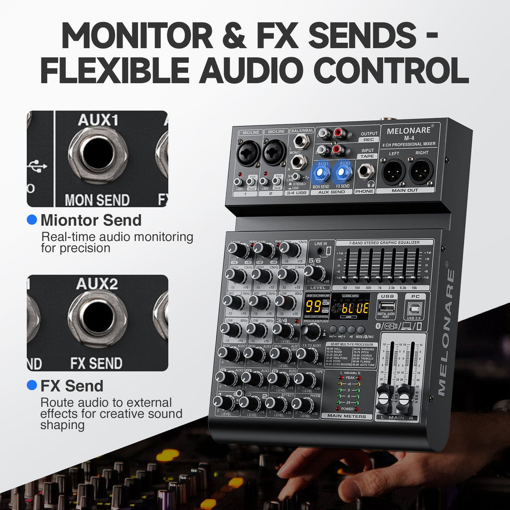 Melonare 4-Channel Audio Mixer with USB, Bluetooth, 99 DSP Effects, +48V Phantom Power for Small Bands, Musicians & Streamers