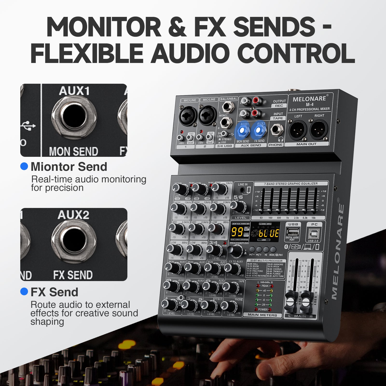 Melonare 4-Channel Audio Mixer with USB, Bluetooth, 99 DSP Effects, +48V Phantom Power for Small Bands, Musicians & Streamers