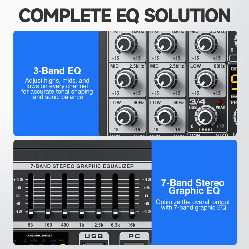 Melonare 4-Channel Audio Mixer with USB, Bluetooth, 99 DSP Effects, +48V Phantom Power for Small Bands, Musicians & Streamers