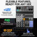 Melonare 4-Channel Audio Mixer with USB, Bluetooth, 99 DSP Effects, +48V Phantom Power for Small Bands, Musicians & Streamers