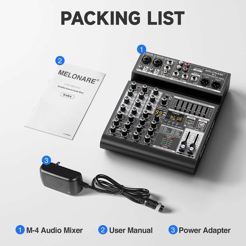 Melonare 4-Channel Audio Mixer with USB, Bluetooth, 99 DSP Effects, +48V Phantom Power for Small Bands, Musicians & Streamers